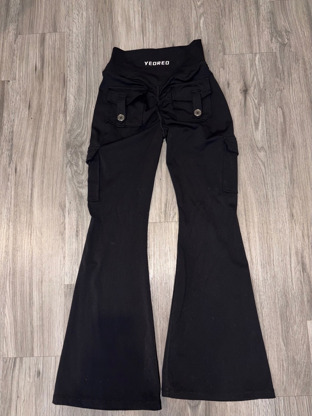 Black Flared Cargo Pants with Ruched Back